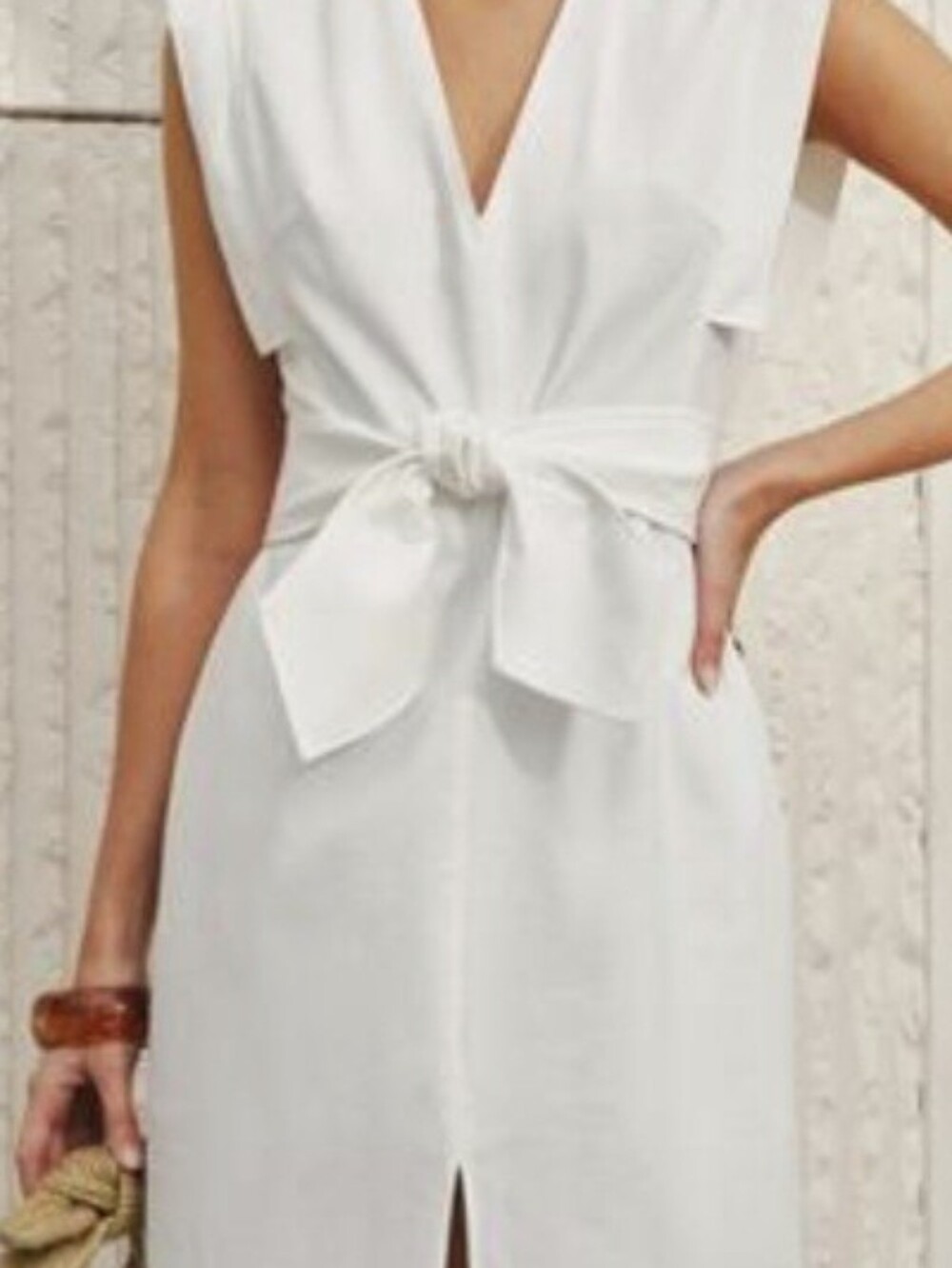 Commense Maxi Dress Sleeveless V'Neck Bow Split Cotton Linen White Belted S NWT - Picture 7 of 7